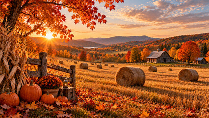 Obraz premium Rural autumn farm landscape with pumpkins hay bales and rustic barn at sunset
