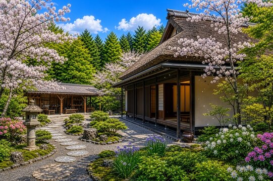 AI-generated　飛び石のアプローチと桜と春の花々が咲く庭園に佇む伝統的な茅葺き民家の風景