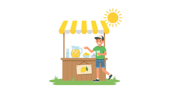 Young boy selling lemonade at a sunny outdoor stand Vector