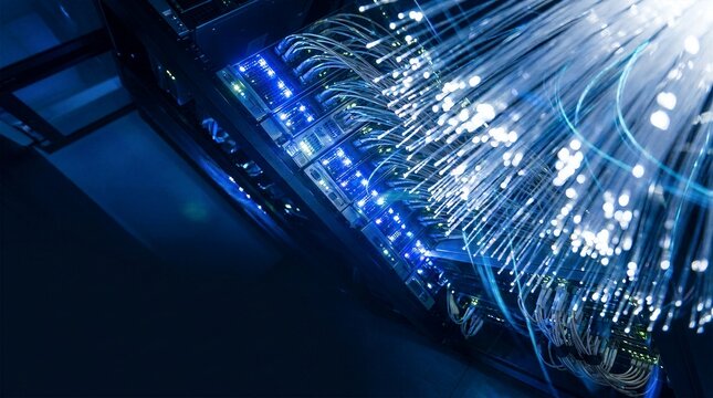 Close up of illuminated fiber optics plugged into secure server router indicating fast internet speed