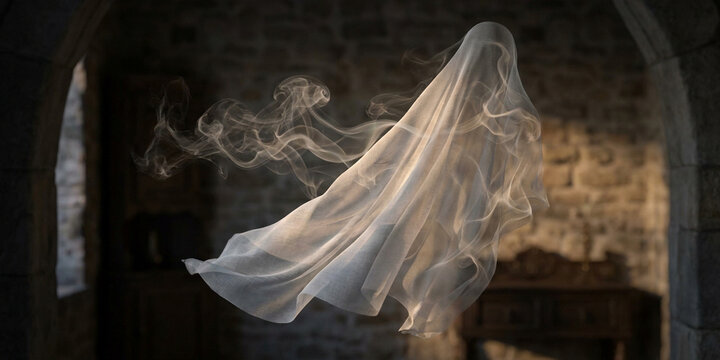 Ghost on Dark Background, Floating Phantom in White Sheet and Smoke at Night, Spooky Halloween Concept