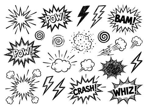 Comic book speech bubbles and action elements