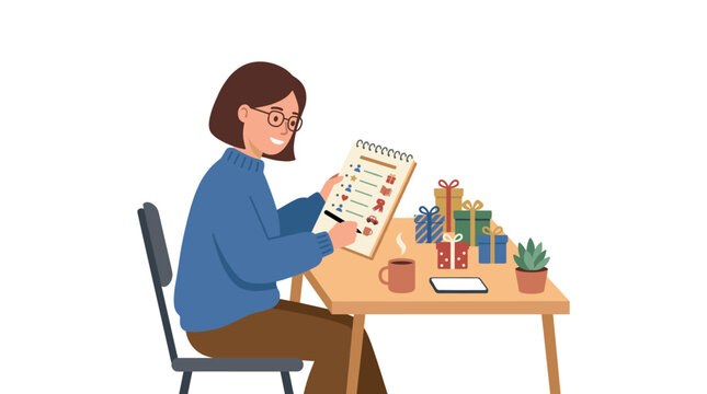 Woman making a gift list and checking items on a notepad with presents on the table Vector