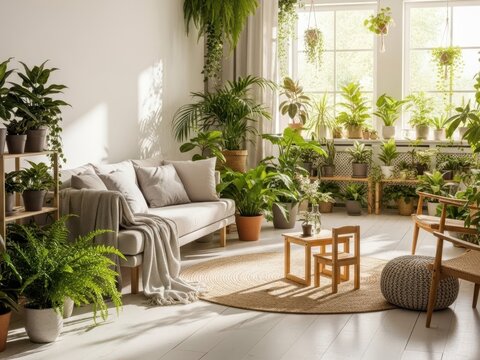 Cozy living room interior filled with many green plants