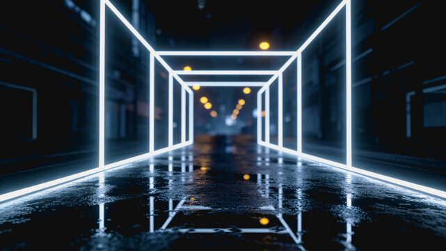 Neon Lit Geometric Tunnel in Dark Urban Setting