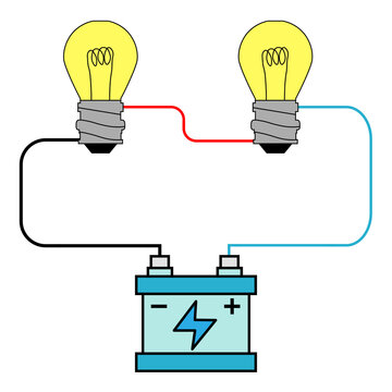 Battery Connected To Two Light Bulb With Wires Illustration Symbolizing Electricity And Energy Concept (Series Circuit)