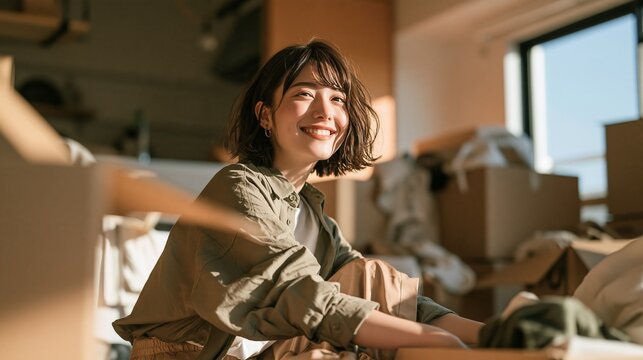 新生活のスタートを迎えた若者が新居で荷ほどきをする明るいライフスタイル風景 ニューライフスタイル