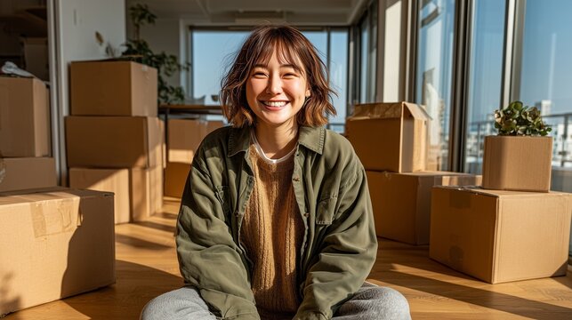 山積みの段ボールに囲まれながら新居で笑顔を見せる一人暮らしの若者 ニューライフスタイル