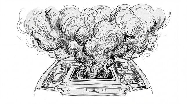 Car Engine Bay Filled With Heavy Smoke Pencil Sketch