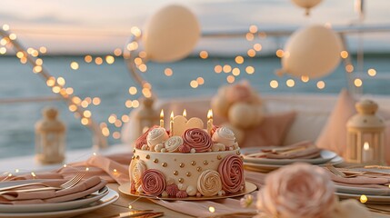 Obraz premium Decorated birthday cake with candles on festive table