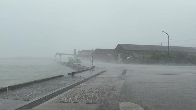 Port Buildings Lashed By Strong Hurricane Winds And Driving Rain