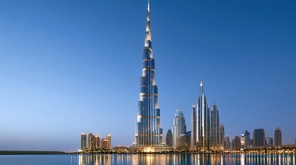 Fototapeta na wymiar Towering skyscrapers illuminated against blue twilight sky over