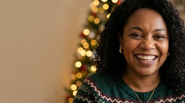 A smiling black woman wearing a festive Christmas sweater in front of a decorated tree with warm lights.