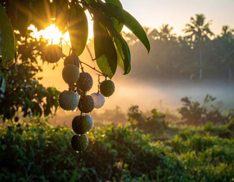 Tropical fruit bunch hanging at sunrise in misty grove.