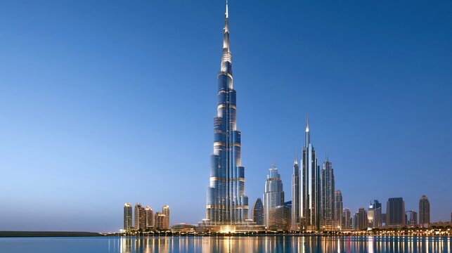 Towering skyscrapers illuminated against blue twilight sky over