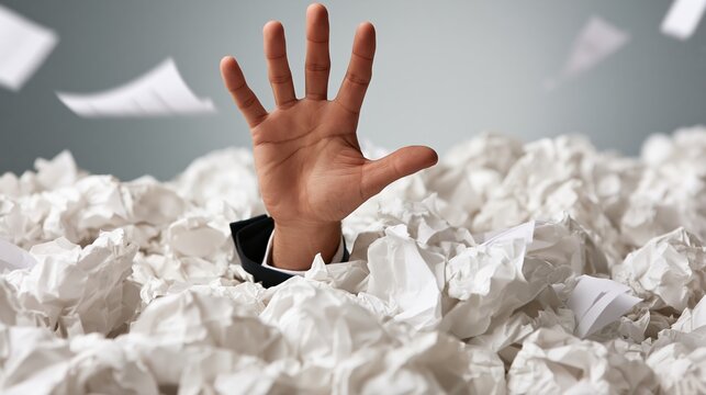 Businessman hand reaching up from pile of crumpled