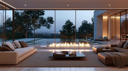 Obraz premium Modern living room with fire pit and pool