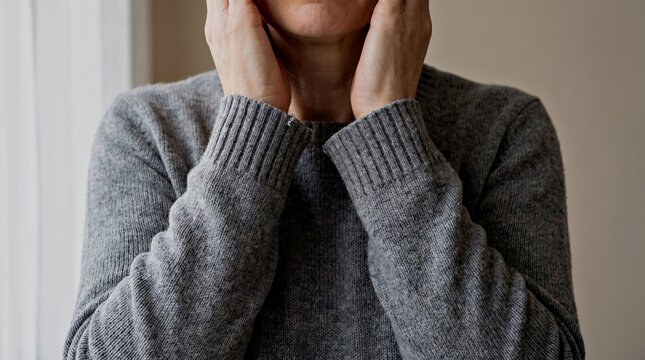 Healthcare concept showing an adult experiencing a headache while holding the sides of the head, with the face excluded from the frame.