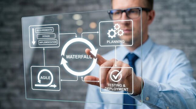 Professional explaining project management waterfall