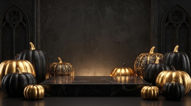 Halloween background with golden and black pumpkins on a display podium halloween background pumpkins skeleton cemetery