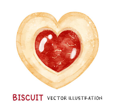 Heart shaped biscuit with red jam filling. Watercolor vector biscuit.