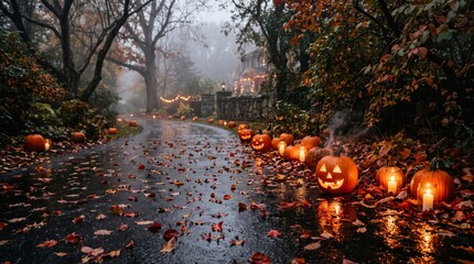 Obraz premium Halloween background featuring a misty road lined with glowing jack-o-lanterns in autumn jack o lantern autumn leaves glowing pump
