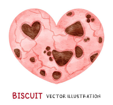 Heart shaped pink cookie with chocolate chips. Watercolor vector biscuit.