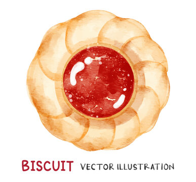 Flower shaped biscuit with red jam filling. Watercolor vector biscuit.