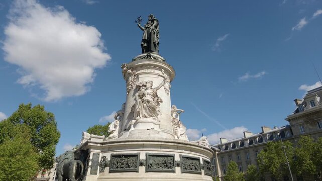 Monument a la Republique standing tall in Place de la Republique, Paris, under a blue sky