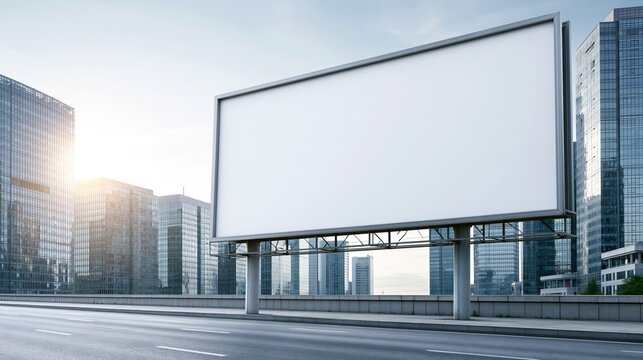 Empty billboard on city street with skyscrapers