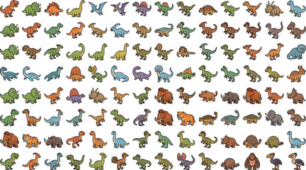 Cute Dinosaur and Prehistoric Ice Age Animal Vector Mega Icon Set Featuring Tyrannosaurus Rex, Triceratops, Mammoth, and Saber Tooth Tiger for Children Education Graphic Designs © MstMonira