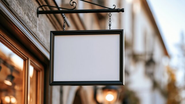Blank storefront sign hanging on metal bracket outside