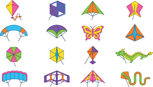 Colorful Kite Icon Set Featuring Various Shapes Butterfly Dragon Diamond Box Delta Parafoil and Stunt Kites for Outdoor Summer Festival Graphic Design Vectors