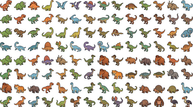 Cute Dinosaur and Prehistoric Ice Age Animal Vector Mega Icon Set Featuring Tyrannosaurus Rex, Triceratops, Mammoth, and Saber Tooth Tiger for Children Education Graphic Designs