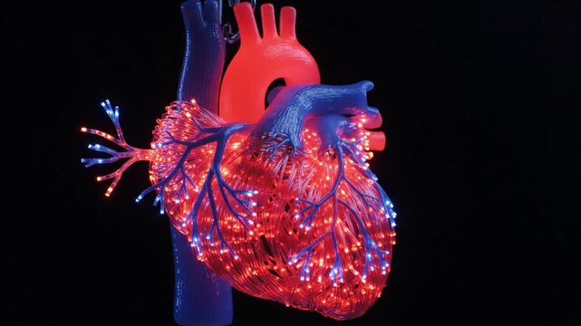 Abstract Glowing Heart with Pulsating Lights on Black Background