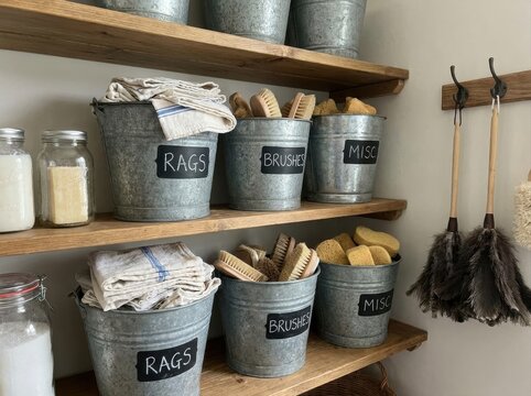upcycled household storage Organized cleaning supplies in metal buckets on wooden shelves with feather dusters.