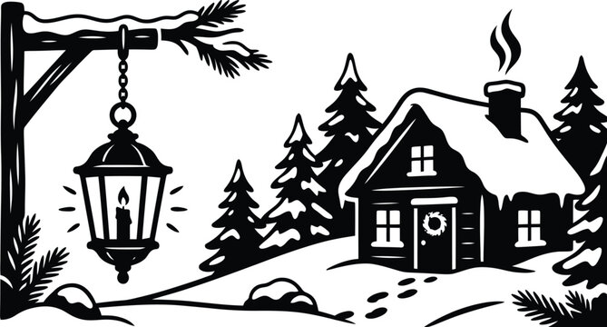Black silhouette of a winter cabin scene with a hanging lantern and coniferous trees cottage snowscape