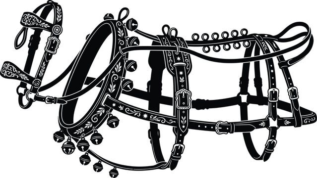 An ornate horse harness with decorative floral elements is depicted as a black silhouette horseharness equestrian