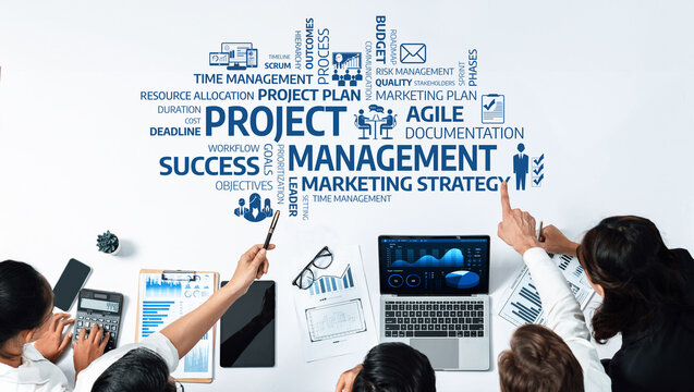This image illustrates effective project management strategies within a team setting, showcasing tools and techniques for successful marketing and planning initiatives. Amity