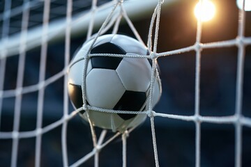Naklejka premium Soccer ball caught in net after scoring goal