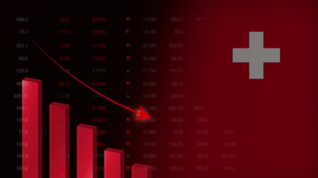 Economic crisis in Switzerland concept background.Red falling graph animation with Swiss flag.Stock market crash
