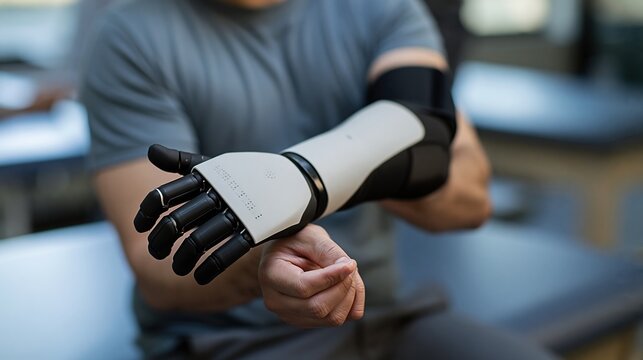 Person wearing advanced robotic prosthetic arm indoors