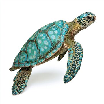 Colorful ceramic sea turtle sculpture on white background