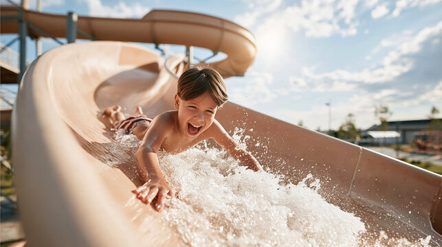 Child Enjoying Fast Water Slide With Big Splash
