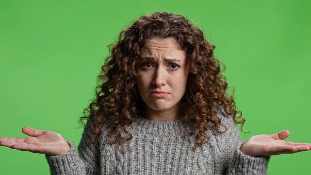 Confused woman shrugging shoulders on green screen, uncertain young female with curly hair, doubtful person gesturing I don't know