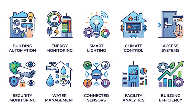 Smart building management system icons set featuring automated technology and modern digital facility control graphic design elements