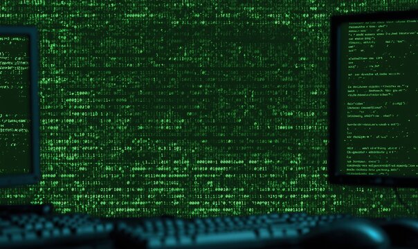 Green binary code cascading down dark screen background