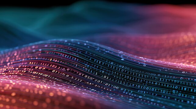 Flowing digital wave of binary code in neon