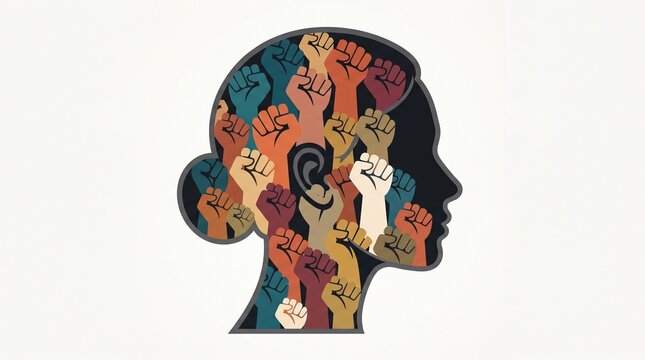 Diverse hands forming human silhouette brain