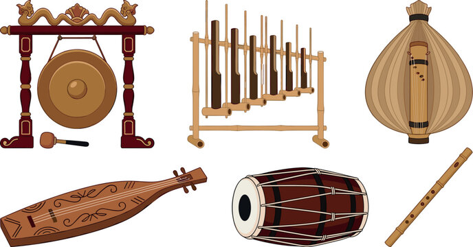 Traditional Indonesian Musical Instruments Vector Set Featuring Gamelan Gong, Angklung, Sasando, Sasando Background, Kendang Drum, Suling Flute, and Sasando Boat Harp for Cultural Arts Designs